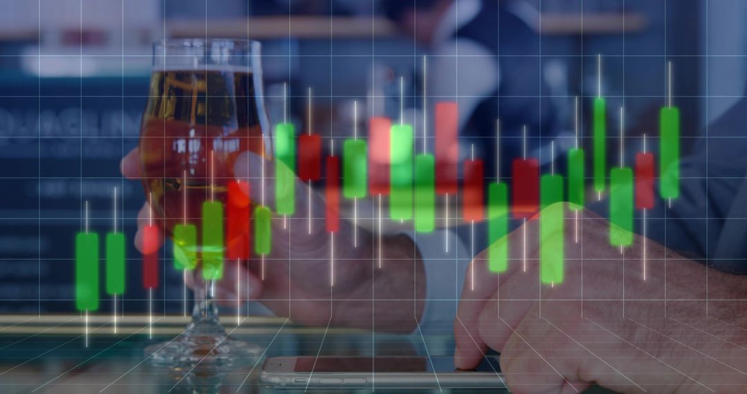 Hybrid Business and Leisure Scene with Beer and Stock Chart Overlay