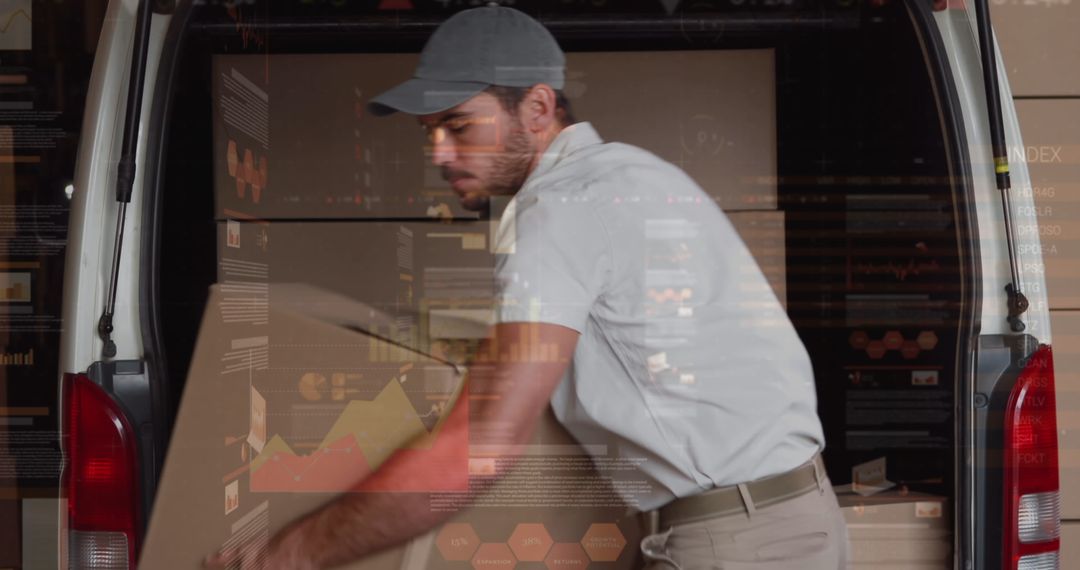 Efficient Delivery Man Loading Boxes with Technological Integration Overlay