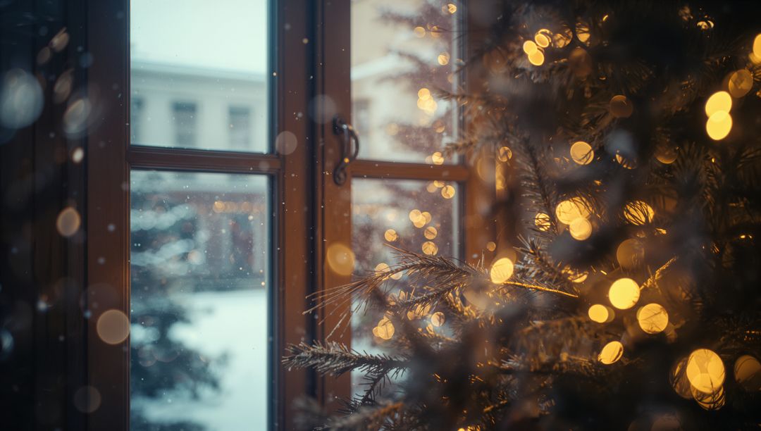 Cozy Christmas Tree with Warm Lights in Snowy Scene