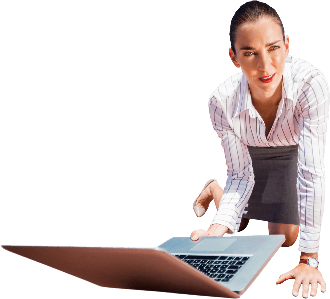 Caucasian Businesswoman Engaging with Laptop on Transparent Background