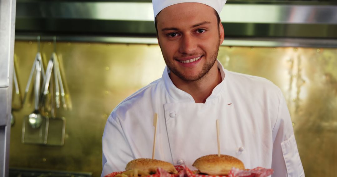 Smiling Chef Holding Delicious Burgers - Free Images, Stock Photos and Pictures on Pikwizard.com