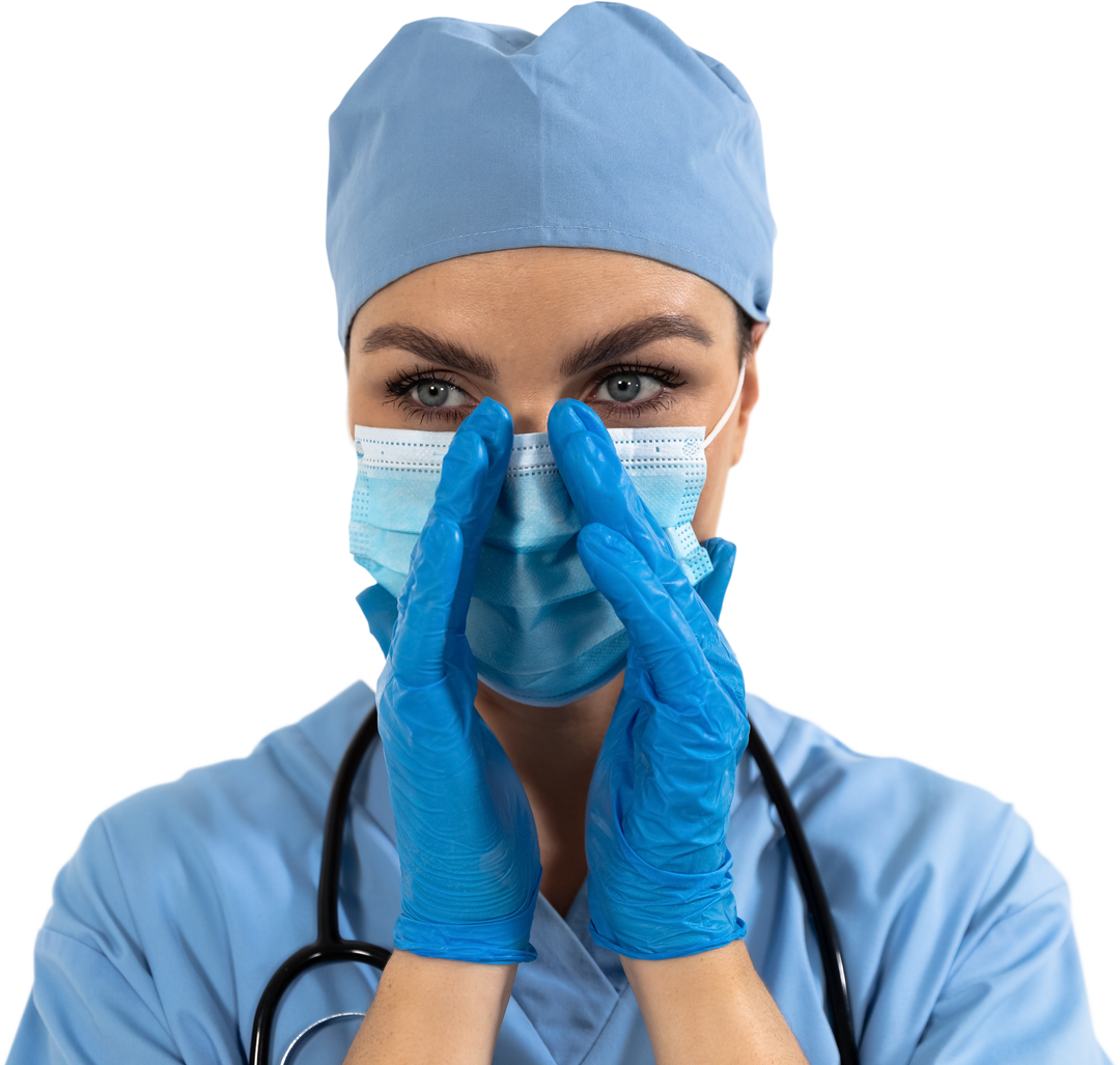 Transparent Background Medical Professional in Blue Scrubs Adjusting Mask - Download Free Stock Images Pikwizard.com