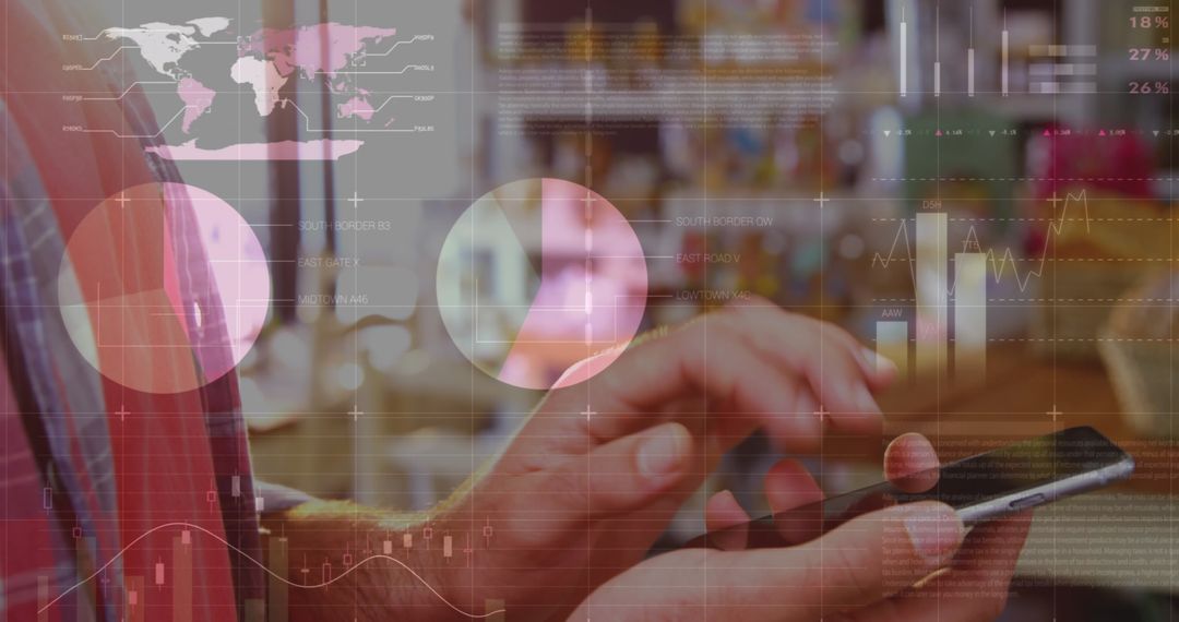 Businesswoman Analyzing Data Smartphone Overlay Interface