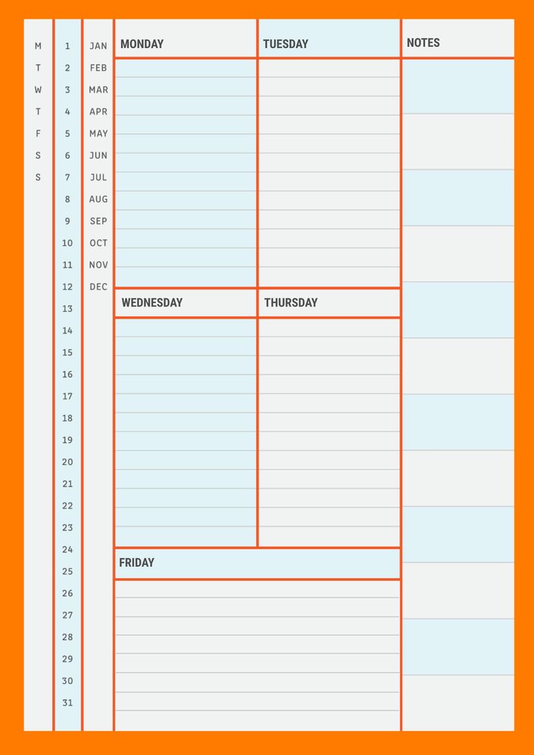 Color-Coded Weekly Calendar Template with Notes Section - Download Free Stock Images Pikwizard.com