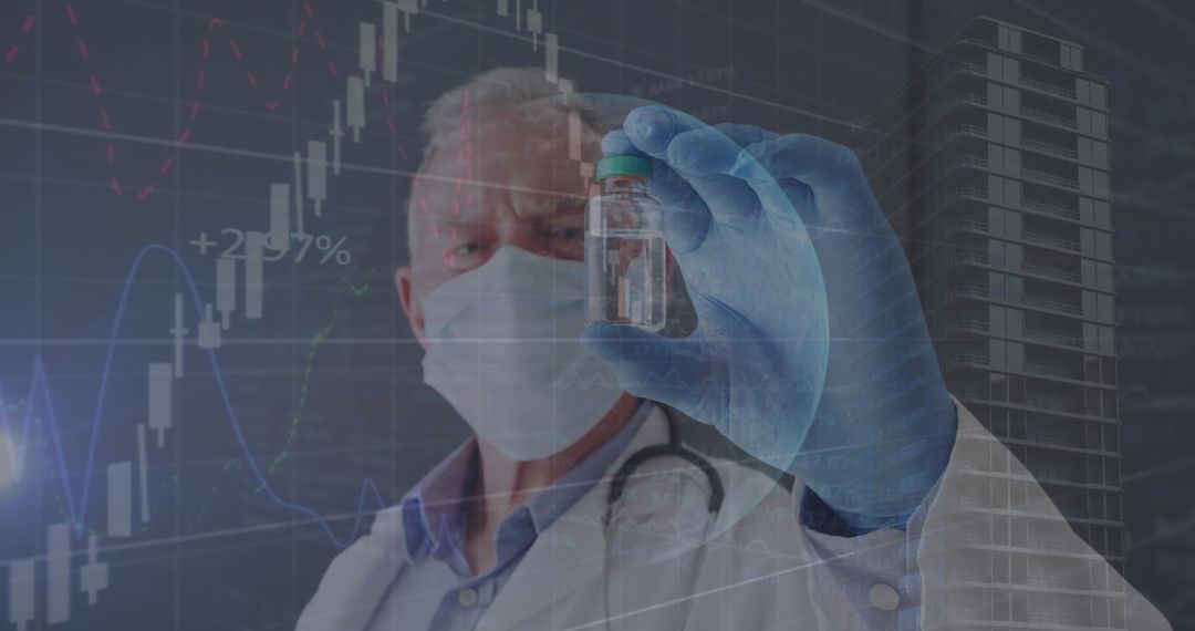 Doctor Analyzing Vaccine Booster with Digital Data Overlay