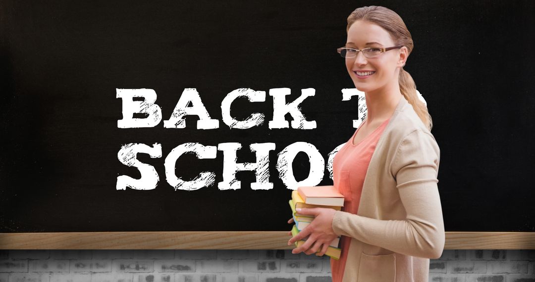 Smiling Teacher Holding Books in Front of Blackboard with Back to School Text
