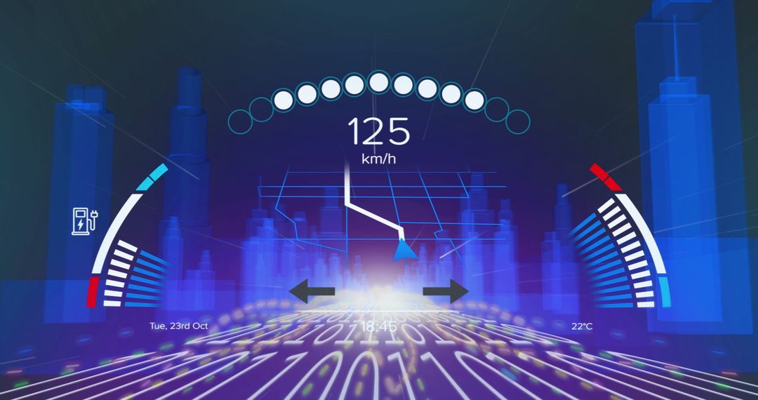 Digital Speedometer and Data Transforming Futuristic Cityscape