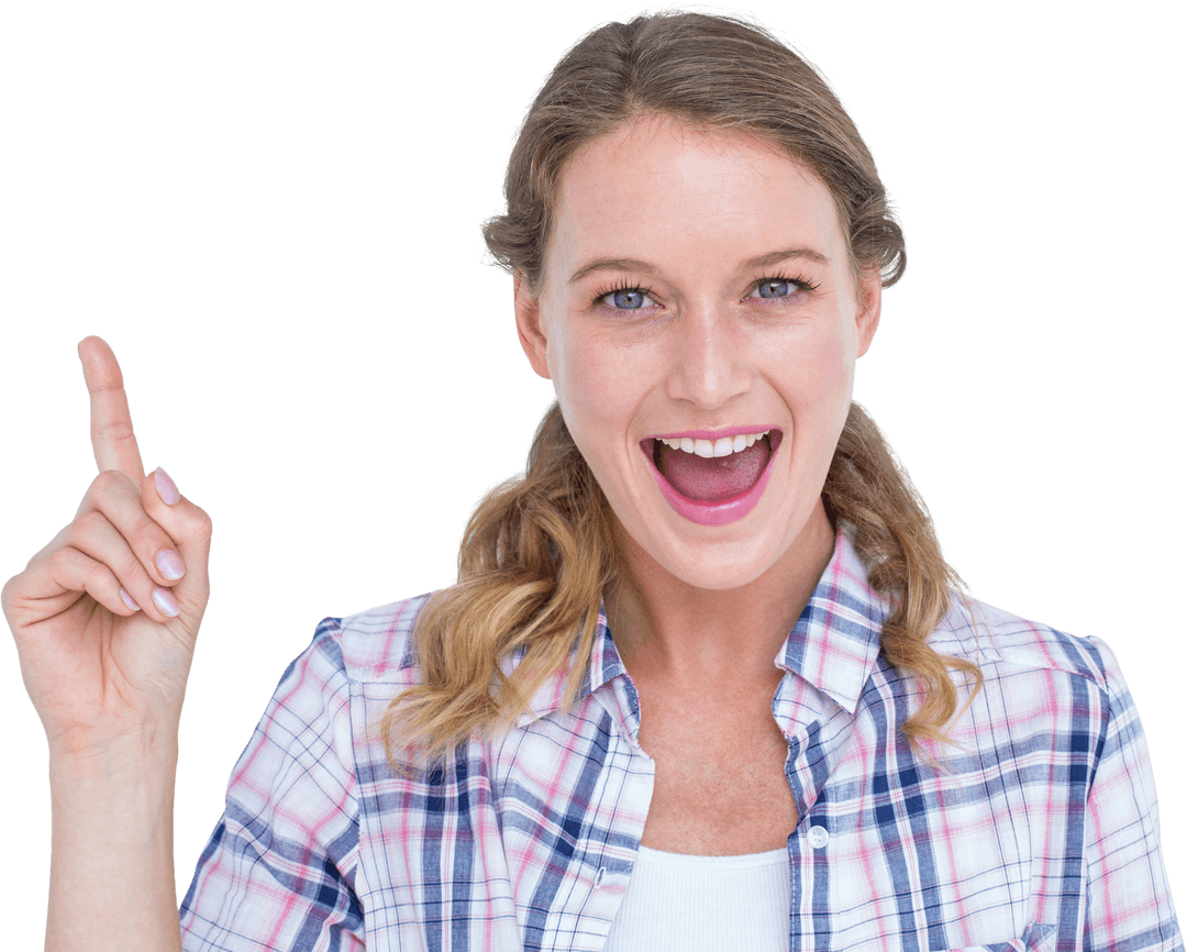 Happy Woman Pointing Up on Transparent Background