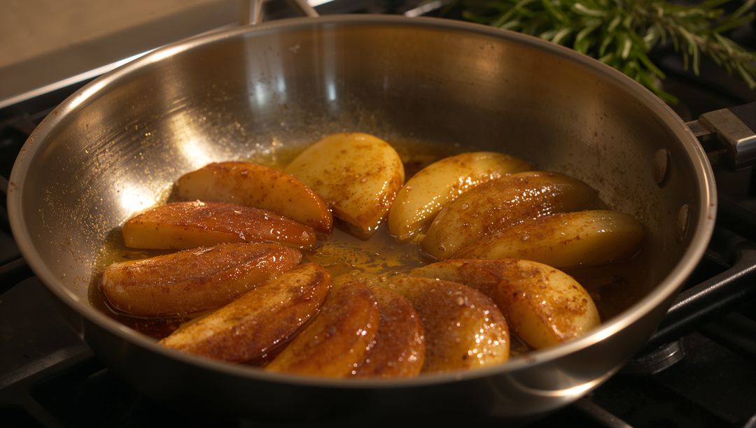 Caramelizing Apple Wedges in Butter Syrup on Stainless Steel Skillet with Golden Cinnamon Glaze