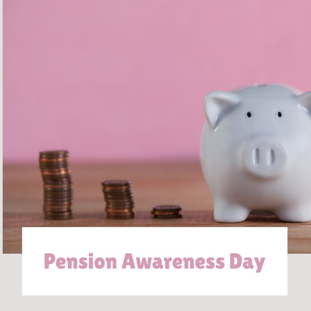 Composite of stack of coins and piggybank on table against pink wall and pension awareness day text - Download Free Stock Templates Pikwizard.com