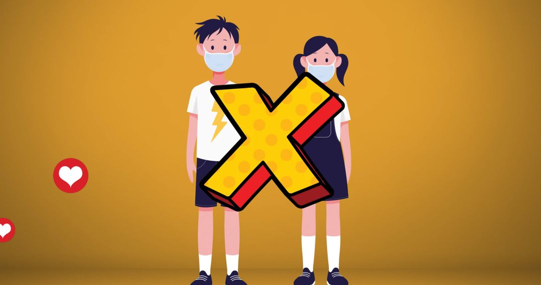 Children Social Distancing with Masks Illustration