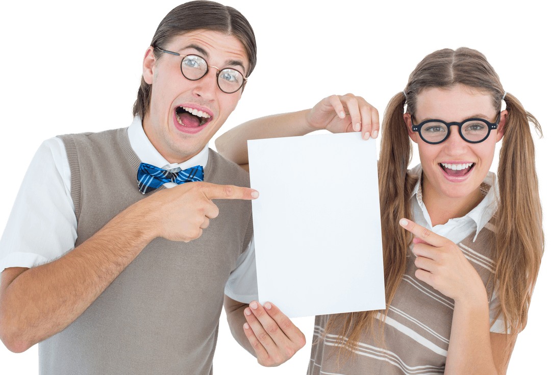 Transparent Geeky Hipsters Excitedly Pointing at Blank Poster