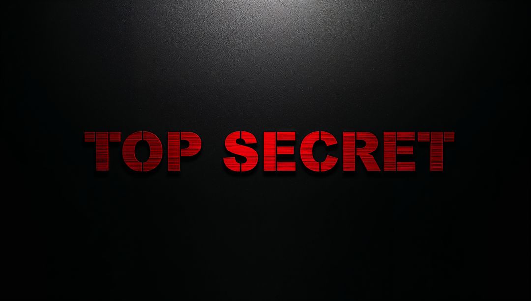 Top Secret Red Woodgrain Typography on Dark Textured Backdrop with Dramatic Spotlight
