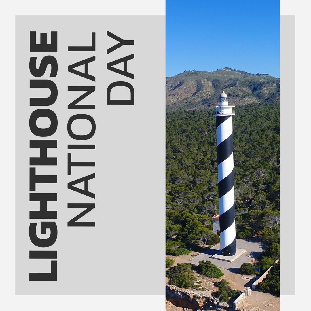 Aerial View of Lighthouse with Celebration Text