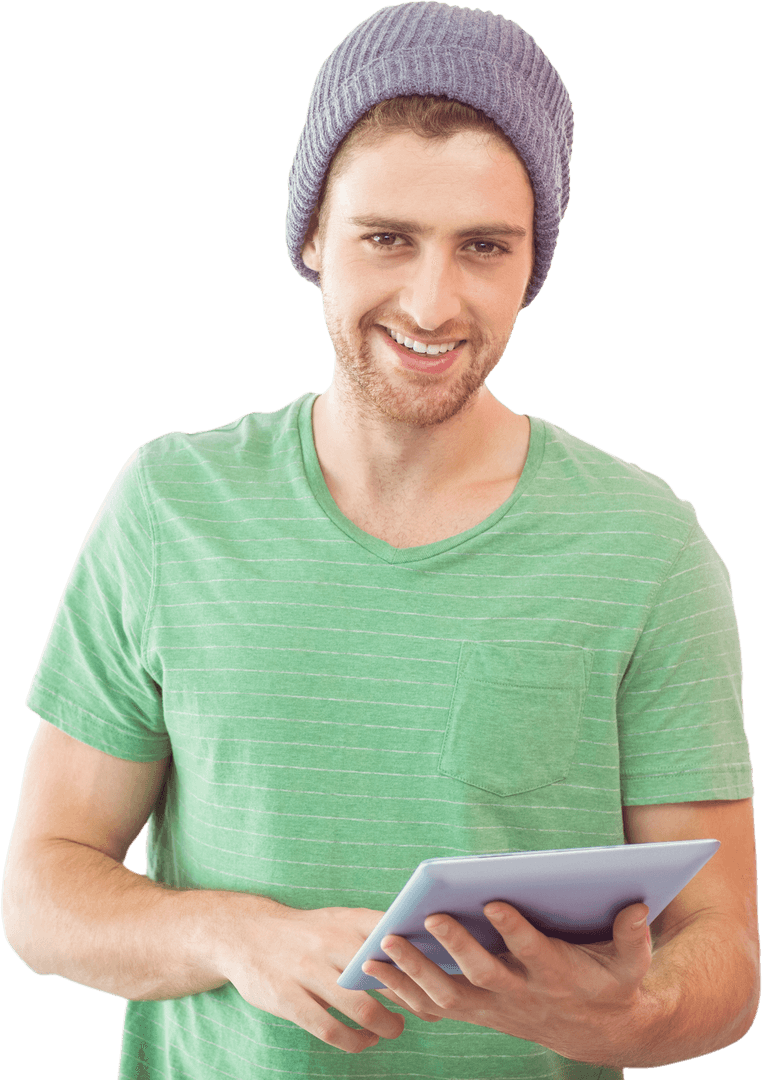 Smiling Man using Tablet in Green T-shirt on Transparent Background