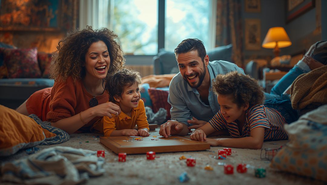 Happy Family Enjoying Game Night at Home with Puzzle and Dice