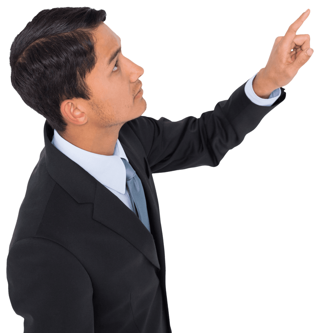 Asian Businessman Pointing Upward on Transparent Background