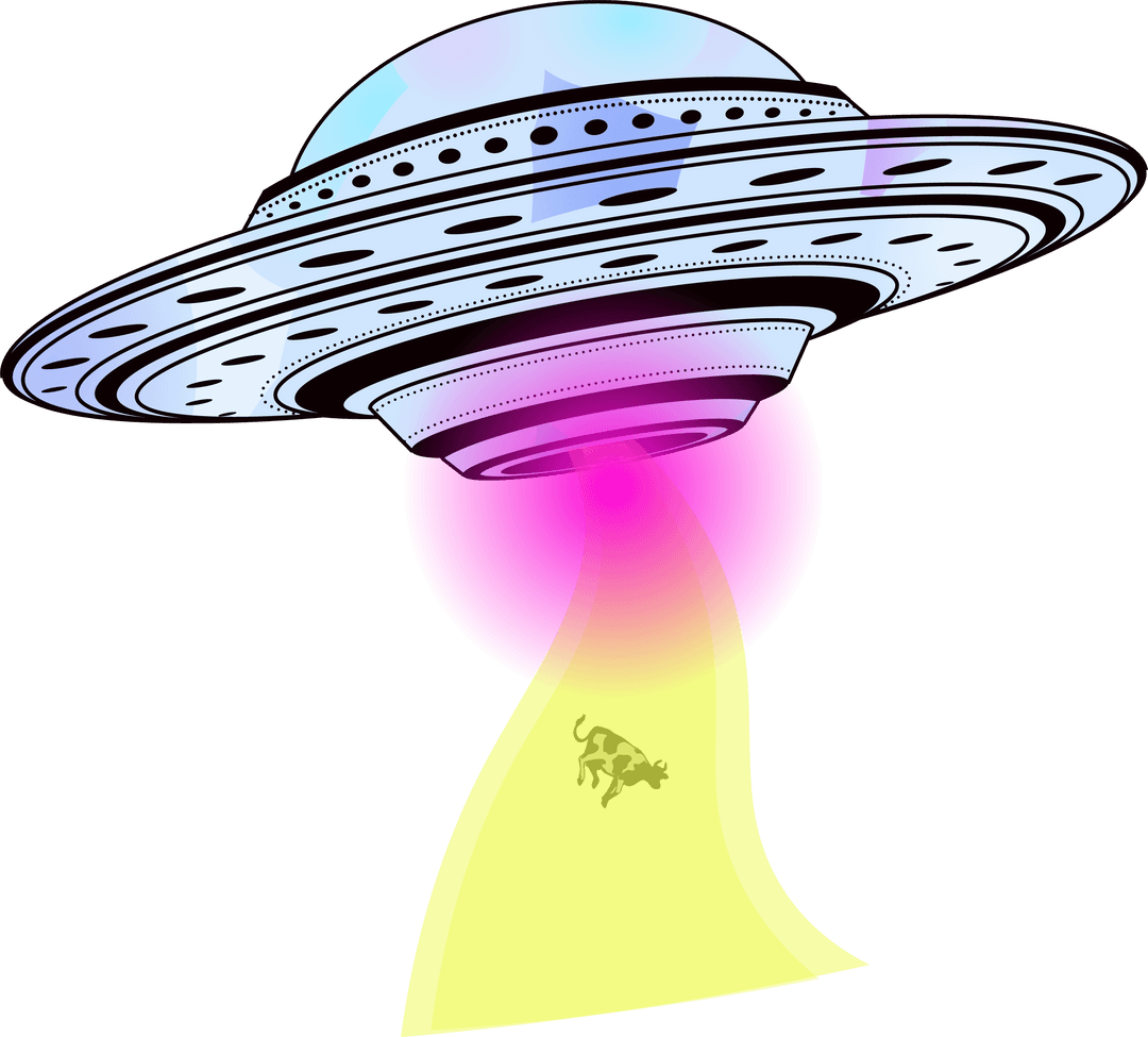 Humorous Cartoon UFO with Cow Abduction and Colorful Imagination