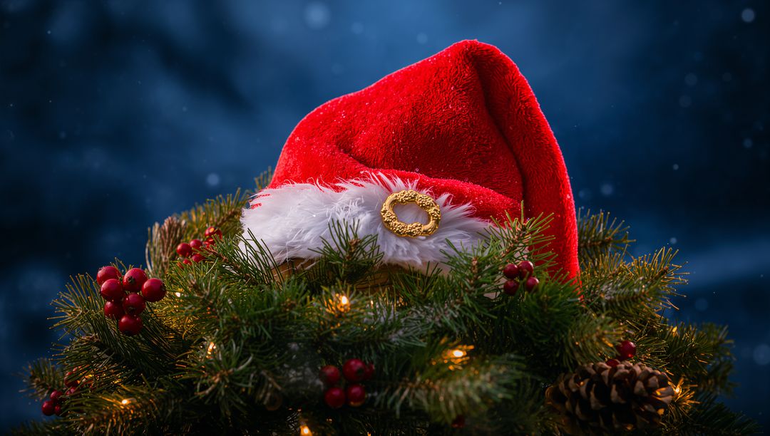 Santa Hat Nestling in Festive Evergreen Wreath with Berries, Pinecone and Warm Lights