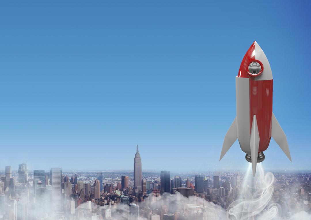 3D Rocket flying over city - Free Images, Stock Photos and Pictures on Pikwizard.com