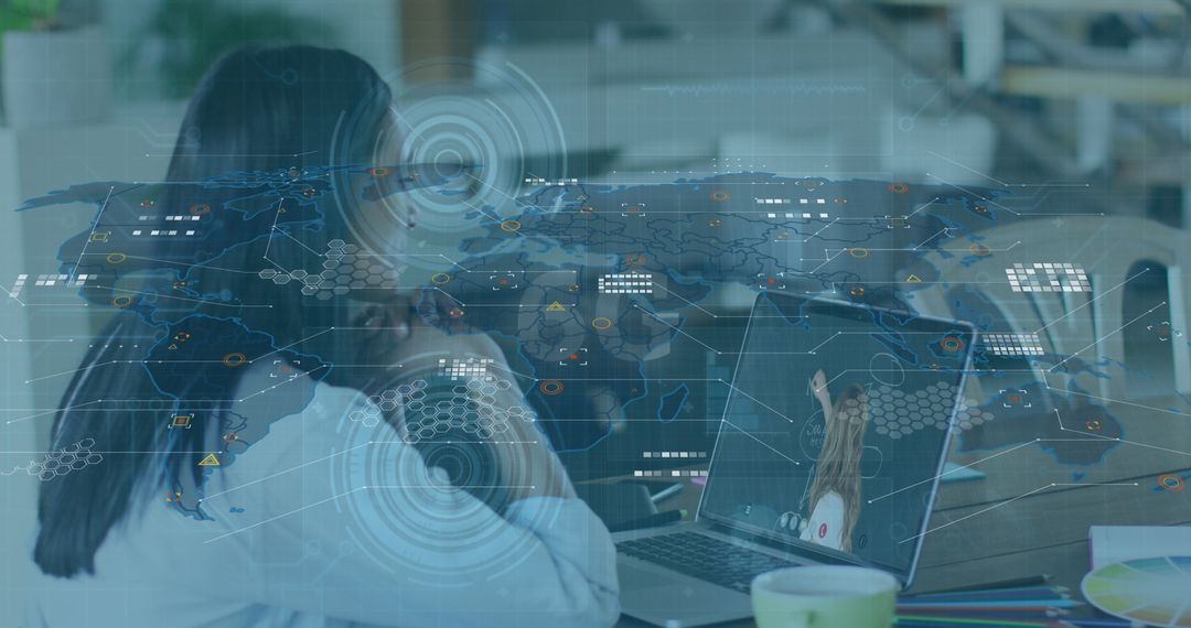 Virtual Meeting with Futuristic Digital Overlay of 6G Network and World Map