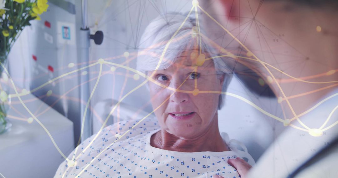 Elderly Patient in Hospital Bed with Data Visualization Overlay