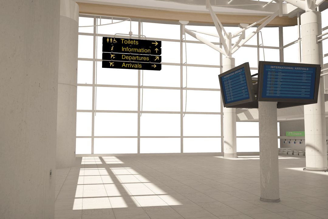Empty Airport Terminal with Information Signs on Transparent Background