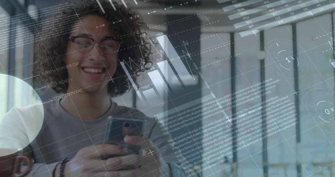 Man Engaging with Smartphone and Digital Analytics Overlay