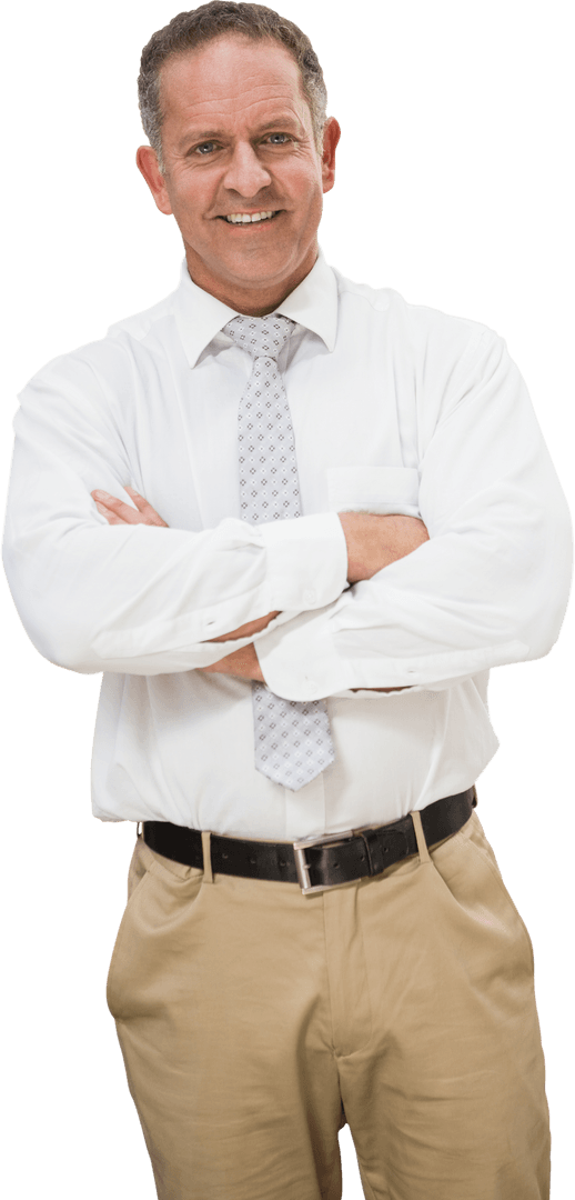 Transparent Smiling Manager with Arms Crossed