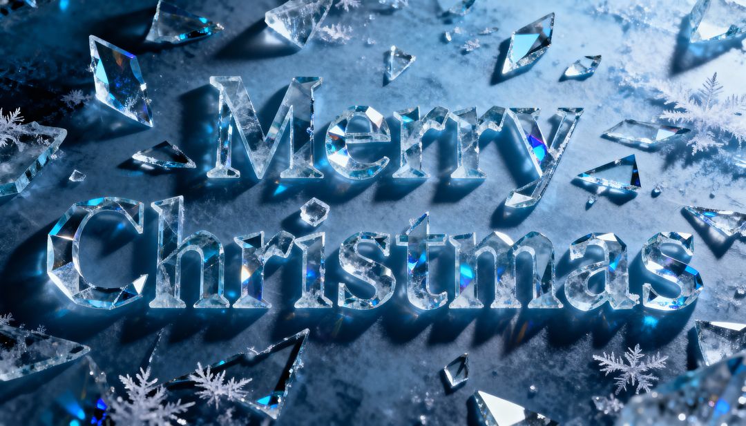Crystal Merry Christmas Typography on Frosted Blue Backdrop with Shards and Snowflakes