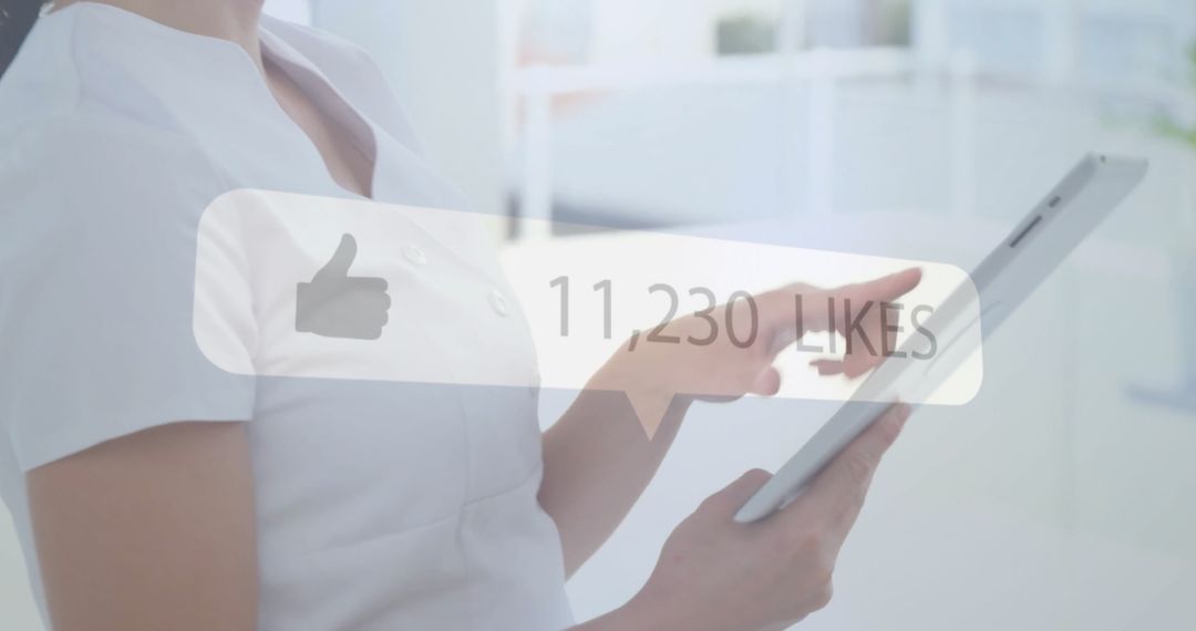 Woman Using Tablet Surrounded by Social Media Likes Notification