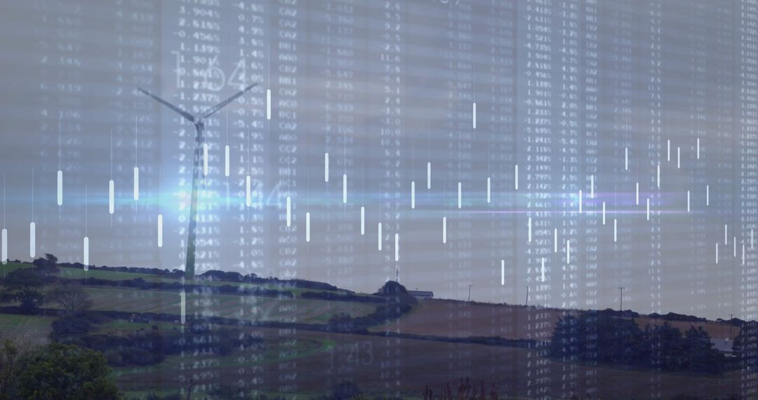 Wind Turbine with Financial Data Overlay on Farmland Scene