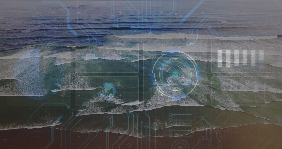 Futuristic Aerial View of Ocean Waves with Digital Tech Overlay