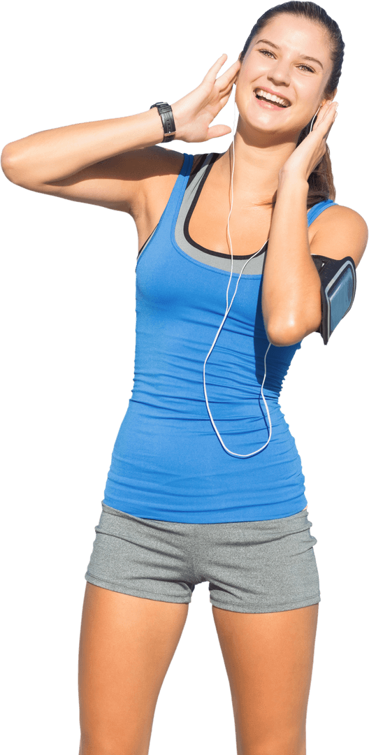 Smiling Fitness Woman Listening to Music on Transparent Background