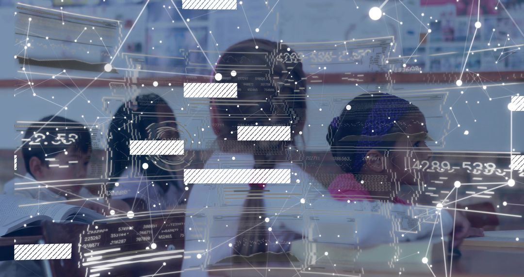 Students in Classroom with Digital Interface Overlay Demonstrating New Technology
