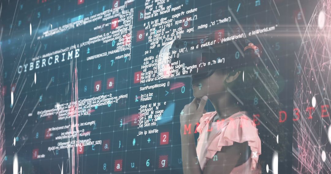 Young Girl Experiencing Virtual Reality with Cyber Code Overlay