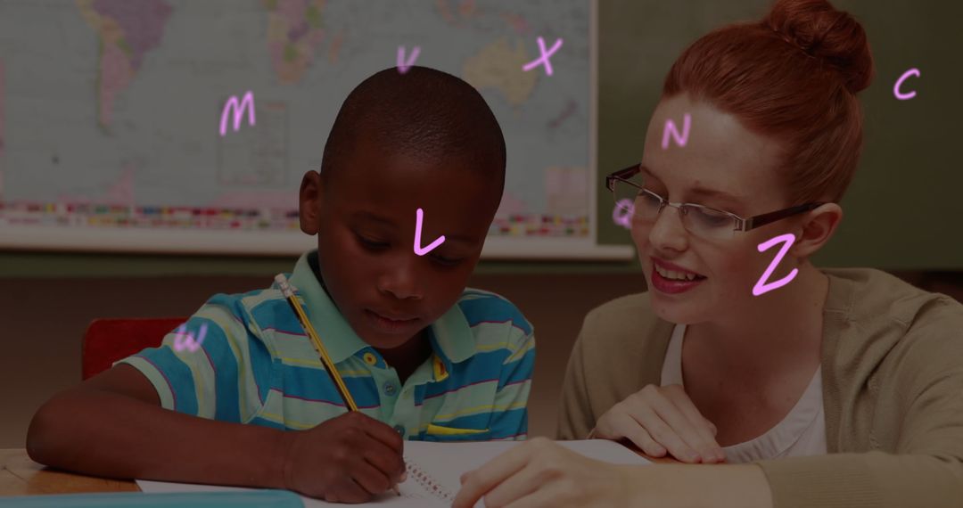 Teacher Assisting Student with Floating Letters in Classroom