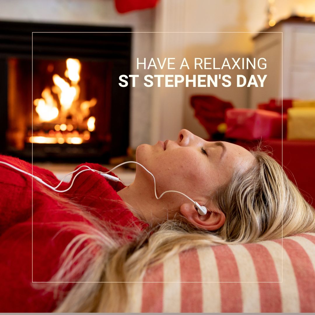 Caucasian Woman Relaxing by Fireplace on St Stephen's Day - Download Free Stock Templates Pikwizard.com