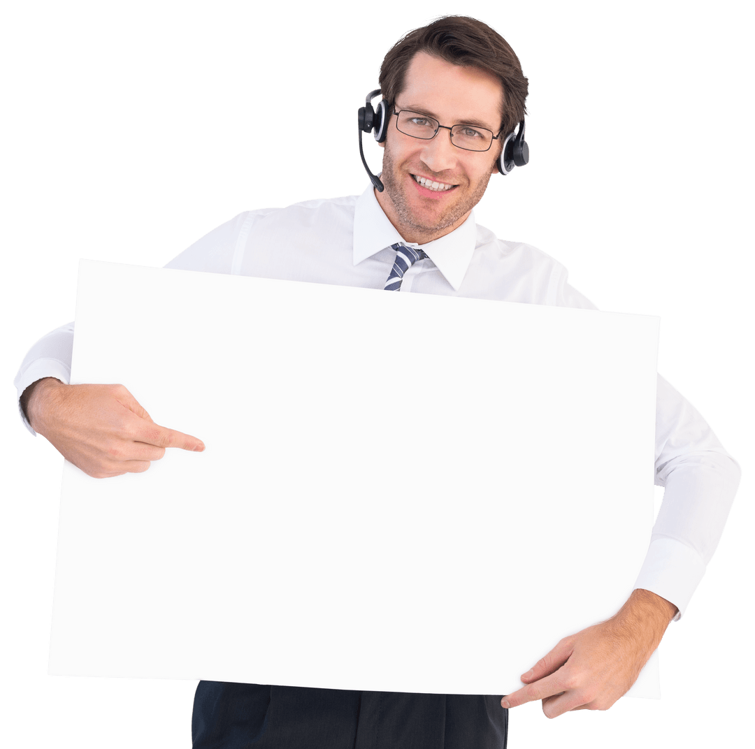 Transparent Professional Pointing at Blank Sign with Headset