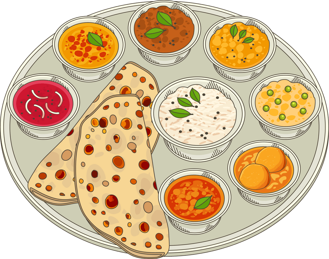 Authentic Thali Platter with Curries and Rotis on Transparent Background