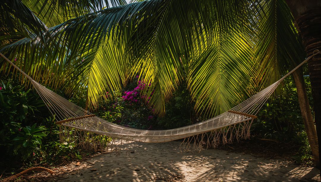 Hammock Swinging Between Palm Fronds in Lush Tropical Oasis