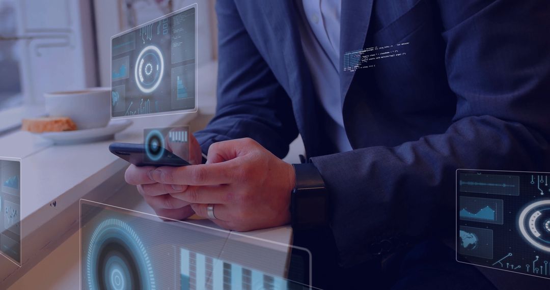 Business Professional Accessing Holographic Charts on Smartphone