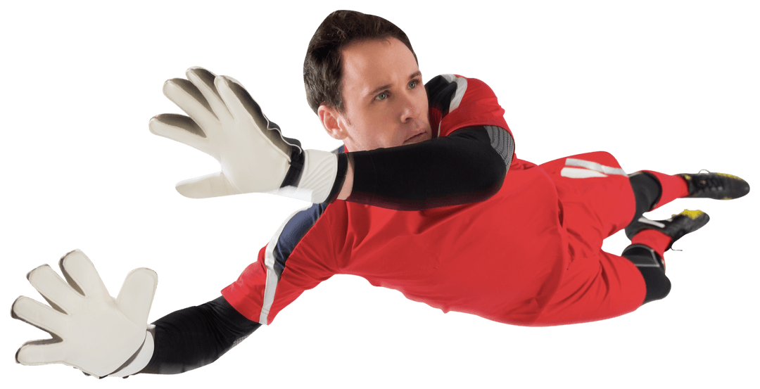 Caucasian Goalkeeper Jumping to Ball Isolated Transparent