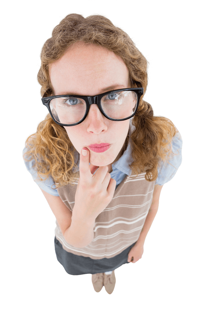 Transparent Geeky Woman Pondering with Hand on Chin Curiosity Concept