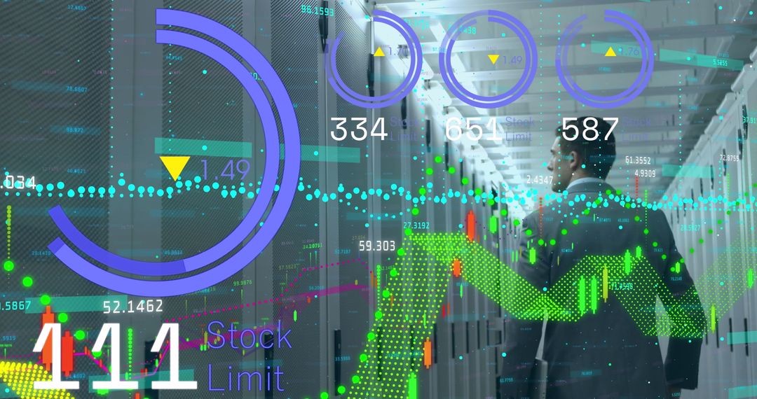 Businessman Analyzing Data in Server Room with Digital Interface