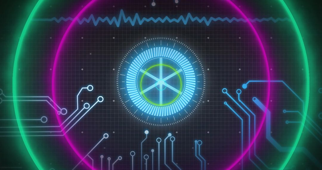 Futuristic Digital Interface with Neon Rings and Cyan Waveform
