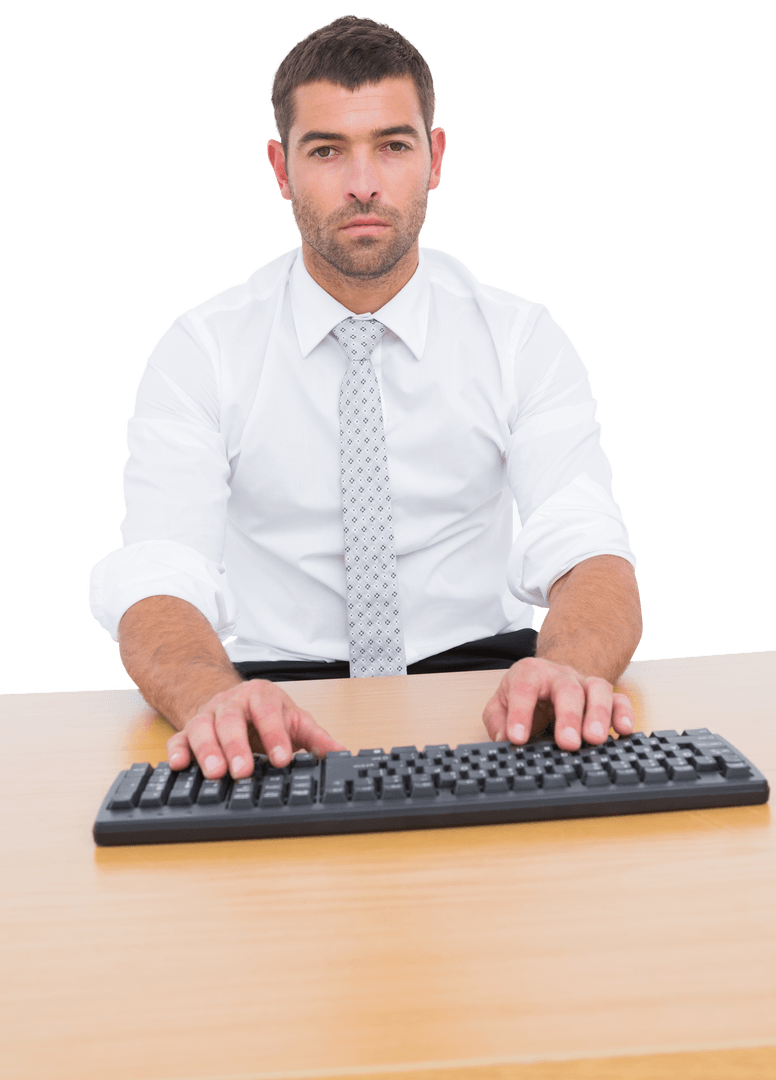 Professional Businessman Typing in Office with Transparent Background