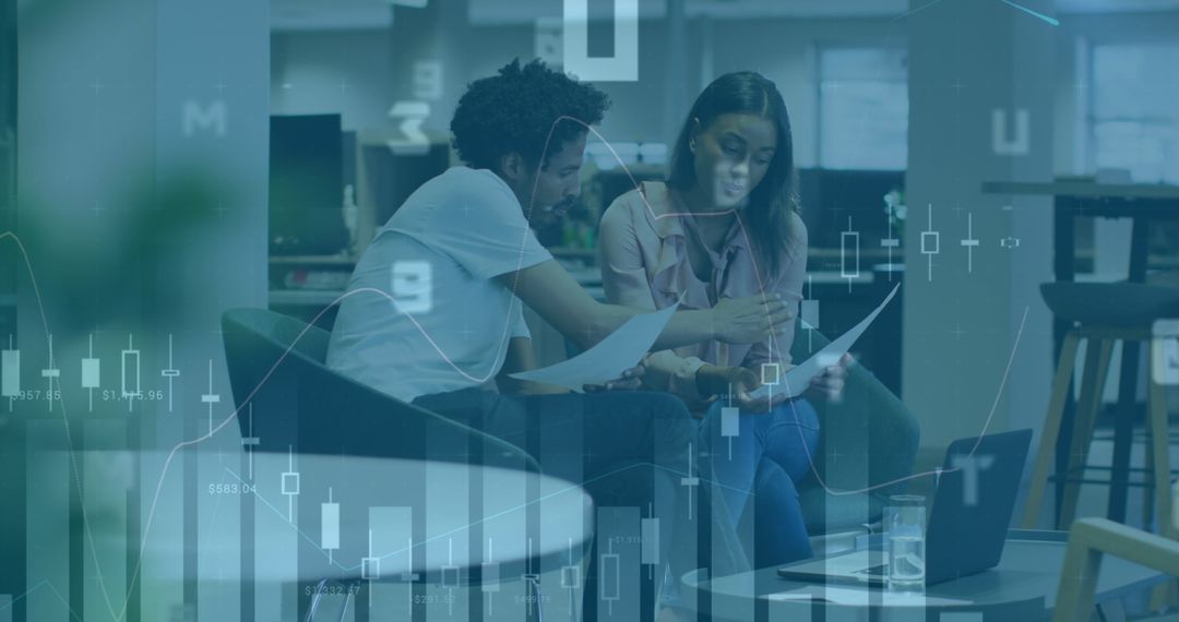 Financial Analytics Team Evaluating Reports with Digital Data Overlay