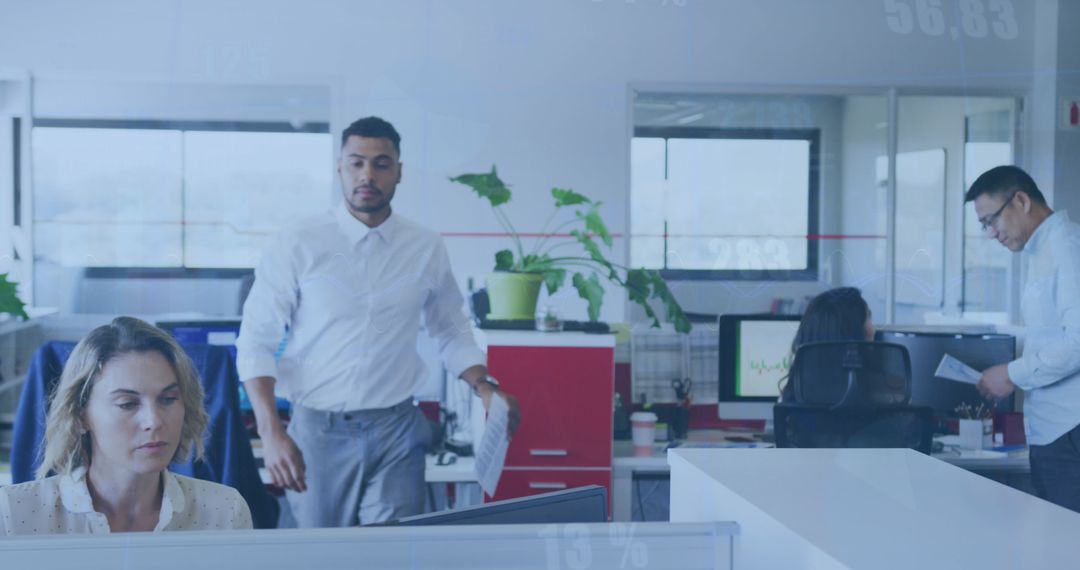 Diverse Team in Modern Office with Digital Interface Overlay