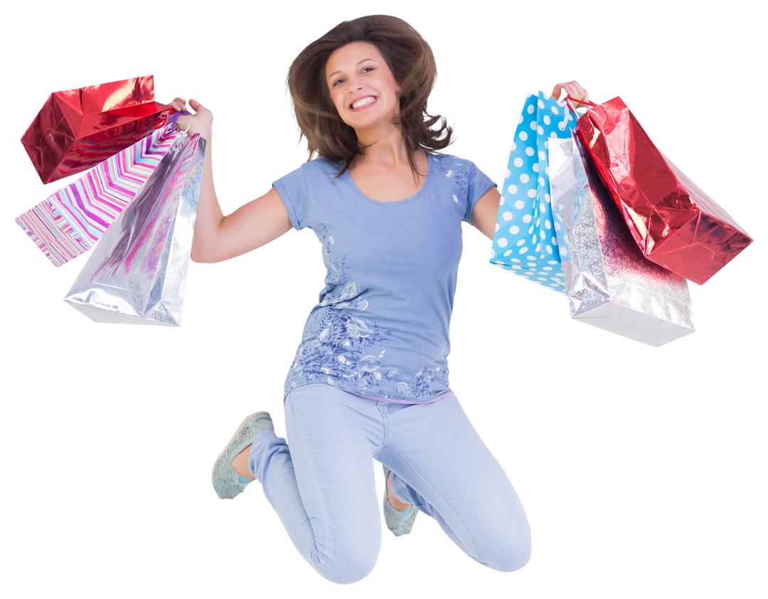 Woman jumping happily with colorful shopping bags on transparent background - Download Free Stock Images Pikwizard.com